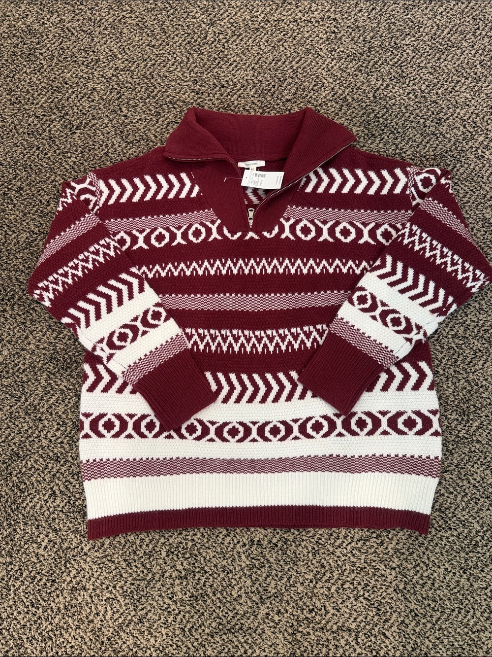 Maurices Burgundy and White Patterned Quarter-Zip Sweater